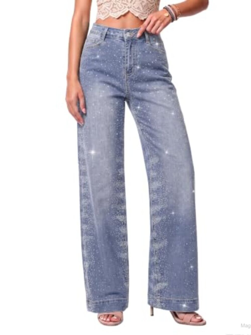 Wide Leg Rhinestone Jeans High Waist Stretchy Denim Pants